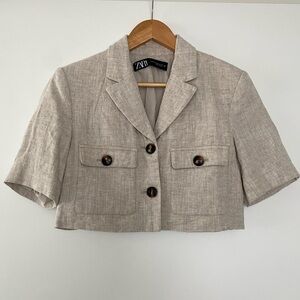 Zara Women's Beige Cropped Blazer Linen Blend